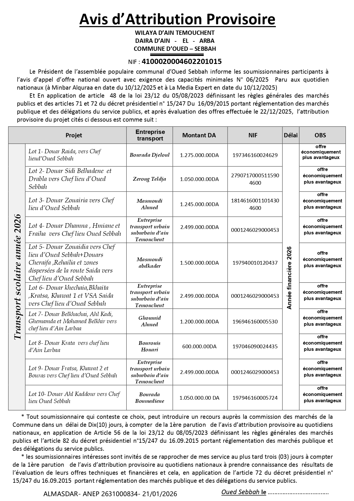 Avis d’Attribution Provisoire*/