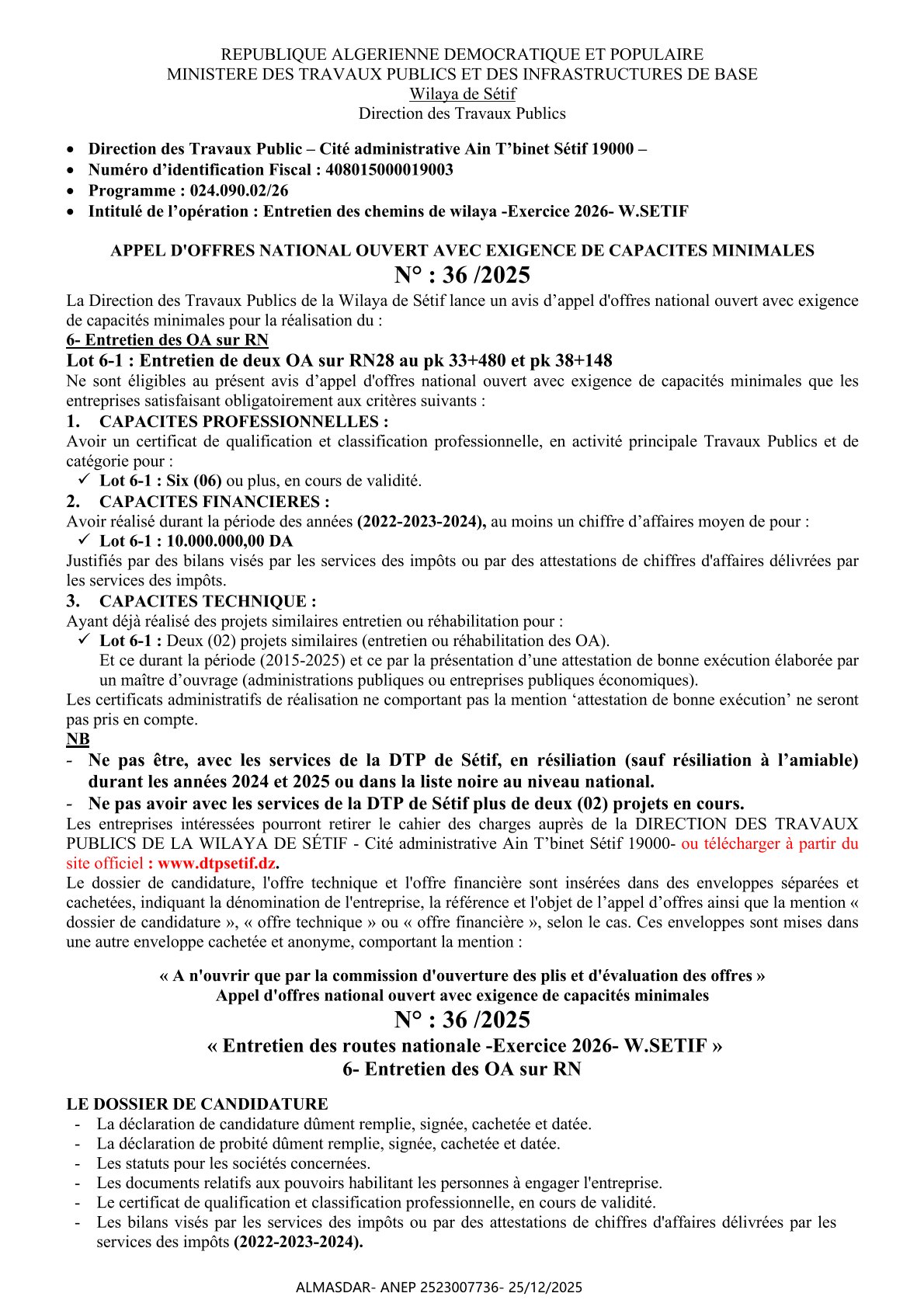 APPEL D'OFFRES NATIONAL OUVERT AVEC EXIGENCE DE CAPACITES MINIMALES  N° : 36 /2025