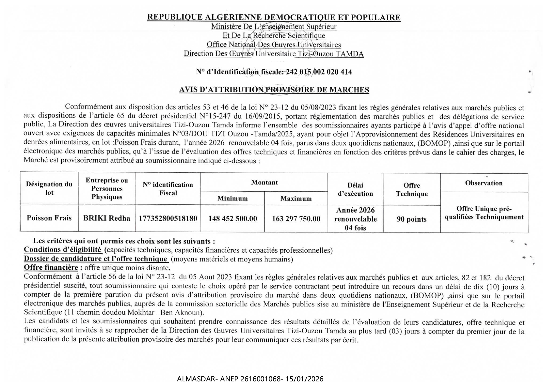 AVIS D'ATTRIBUTION PROVISOIRE DE MARCHES