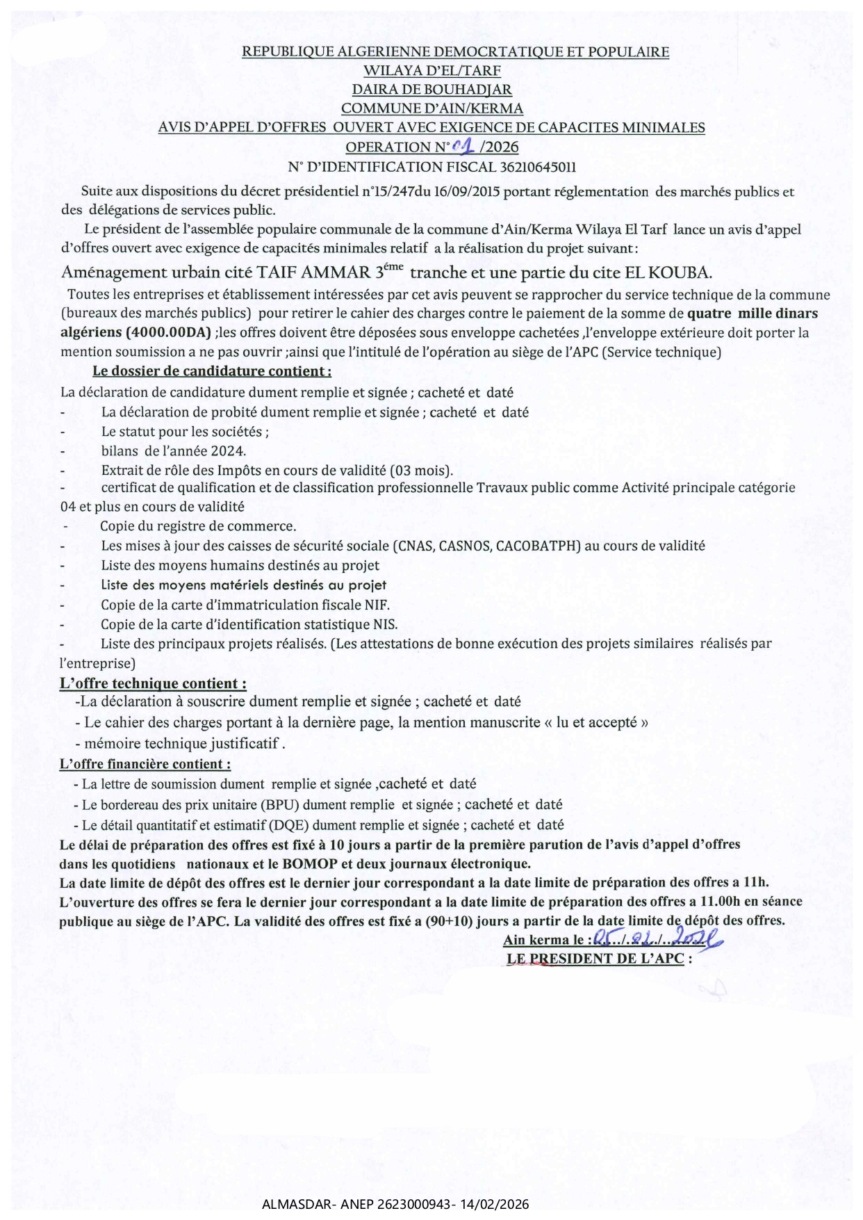 AVIS D'APPEL D'OFFRE OUVERT AVEC EXIGENCE DE CAPACITES MINIMALES OERATION N 01/2026