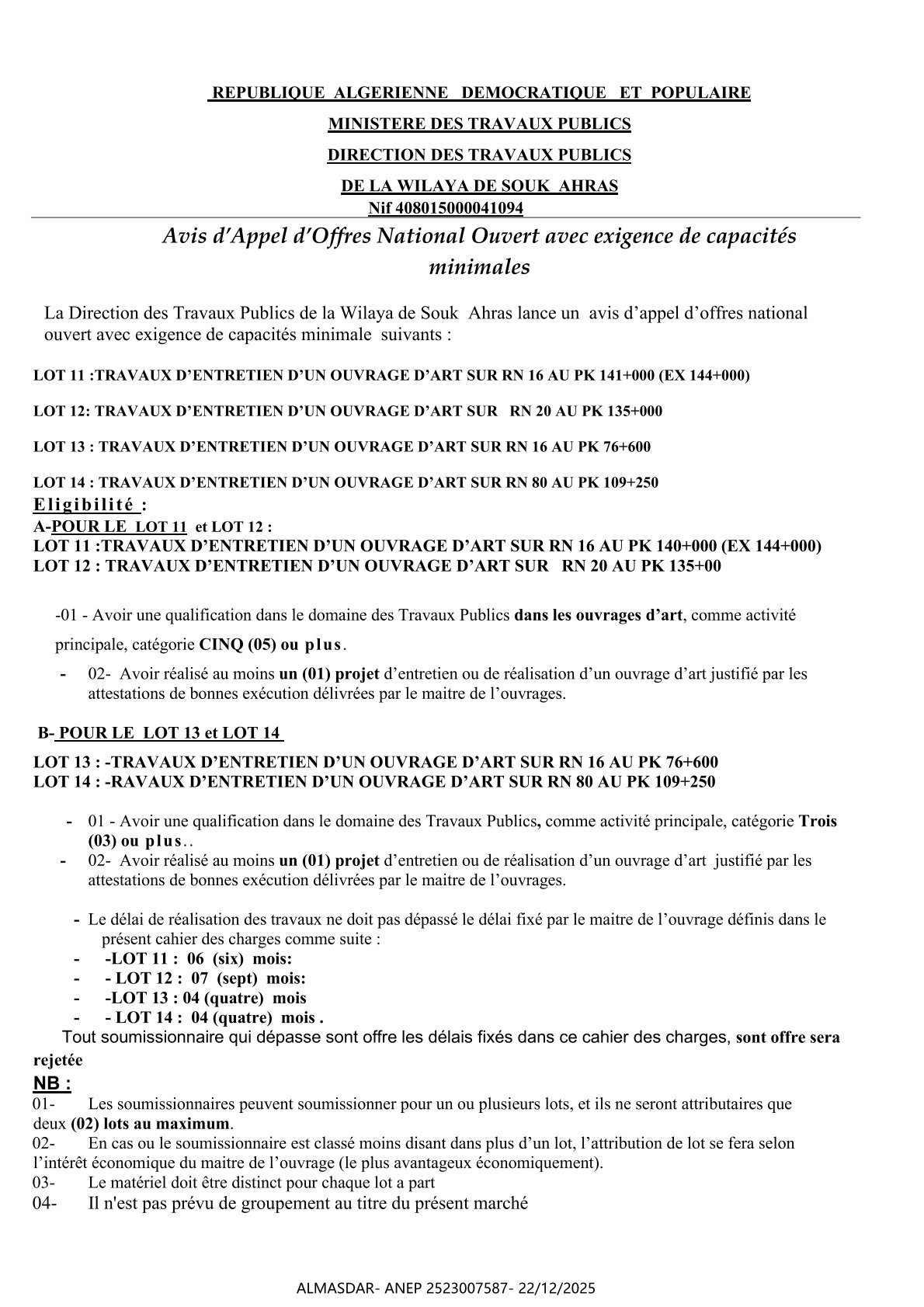 Avis d’Appel d’Offres National Ouvert avec exigence de capacités  minimales 