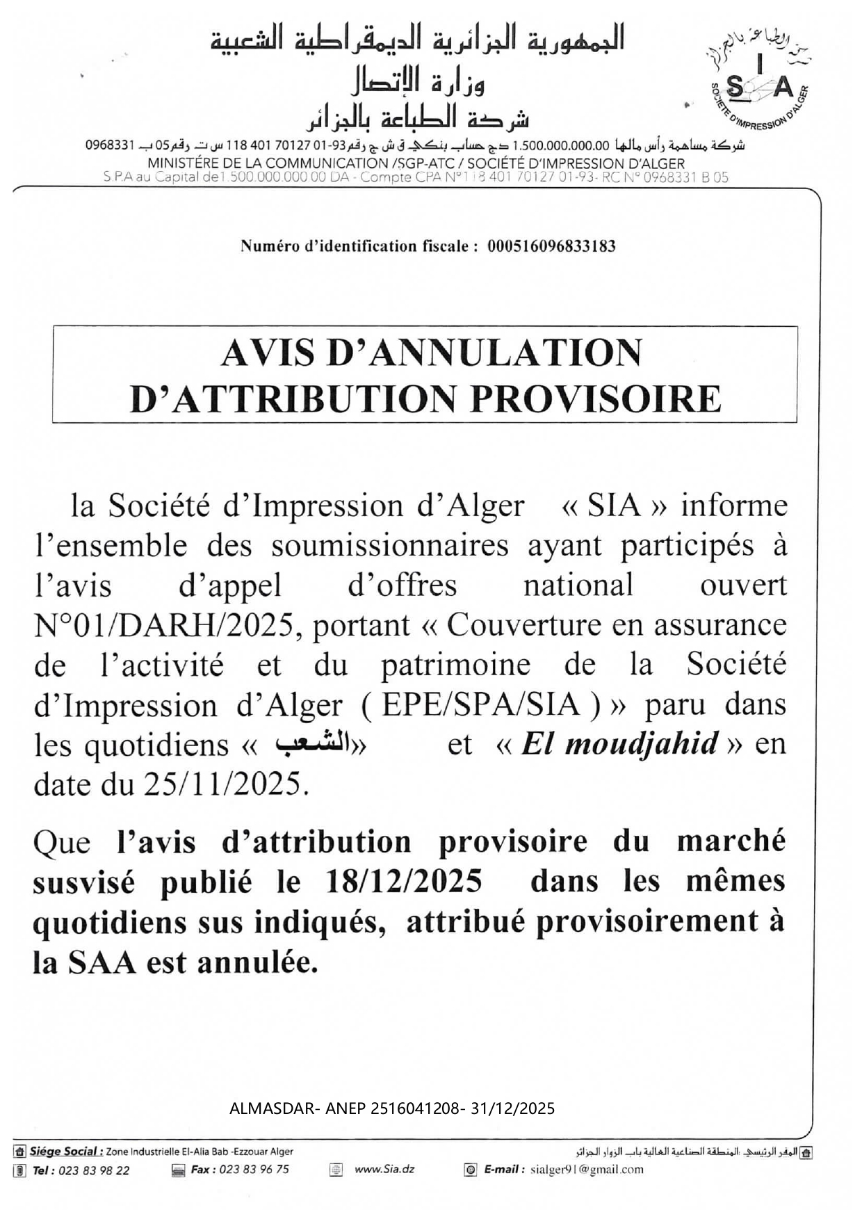 AVIS D'ANNULATI0N D'ATTFHBUTI0N PROVIS0IRE