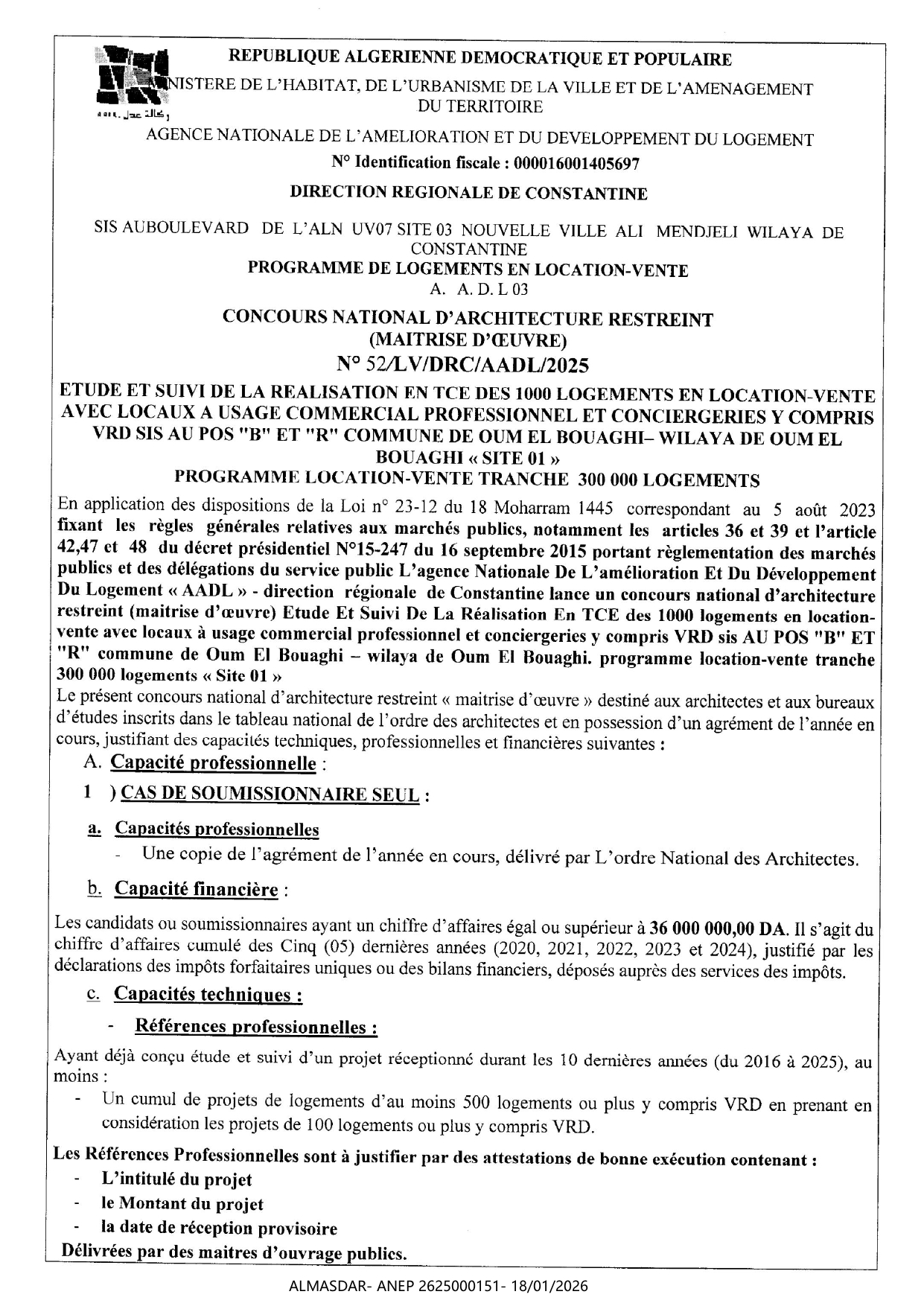 CONCOURS NATIONAL D'ARCHITECTURE RESTREINT N 52/2025