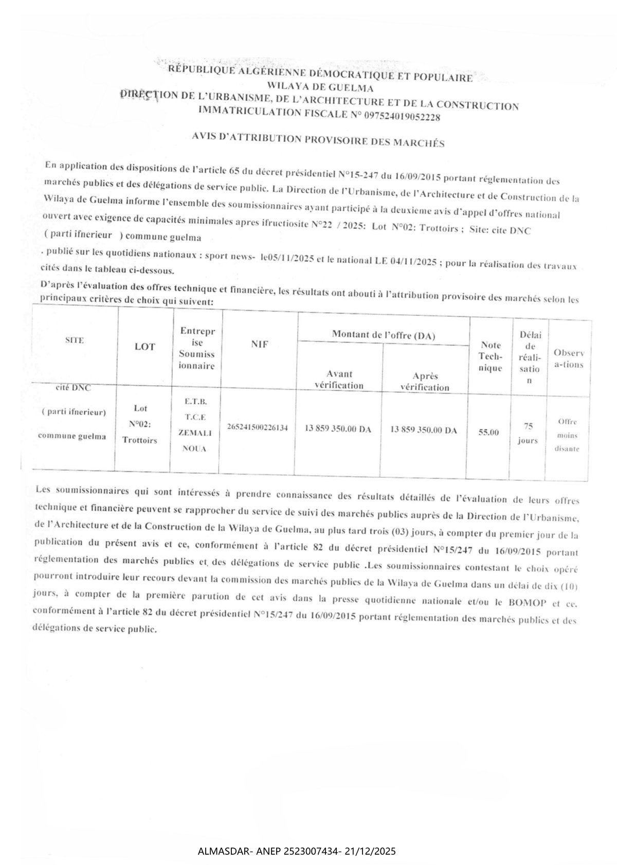 AVIS D'ATTRIBUTION PROVISOIRE DES MARCHES6