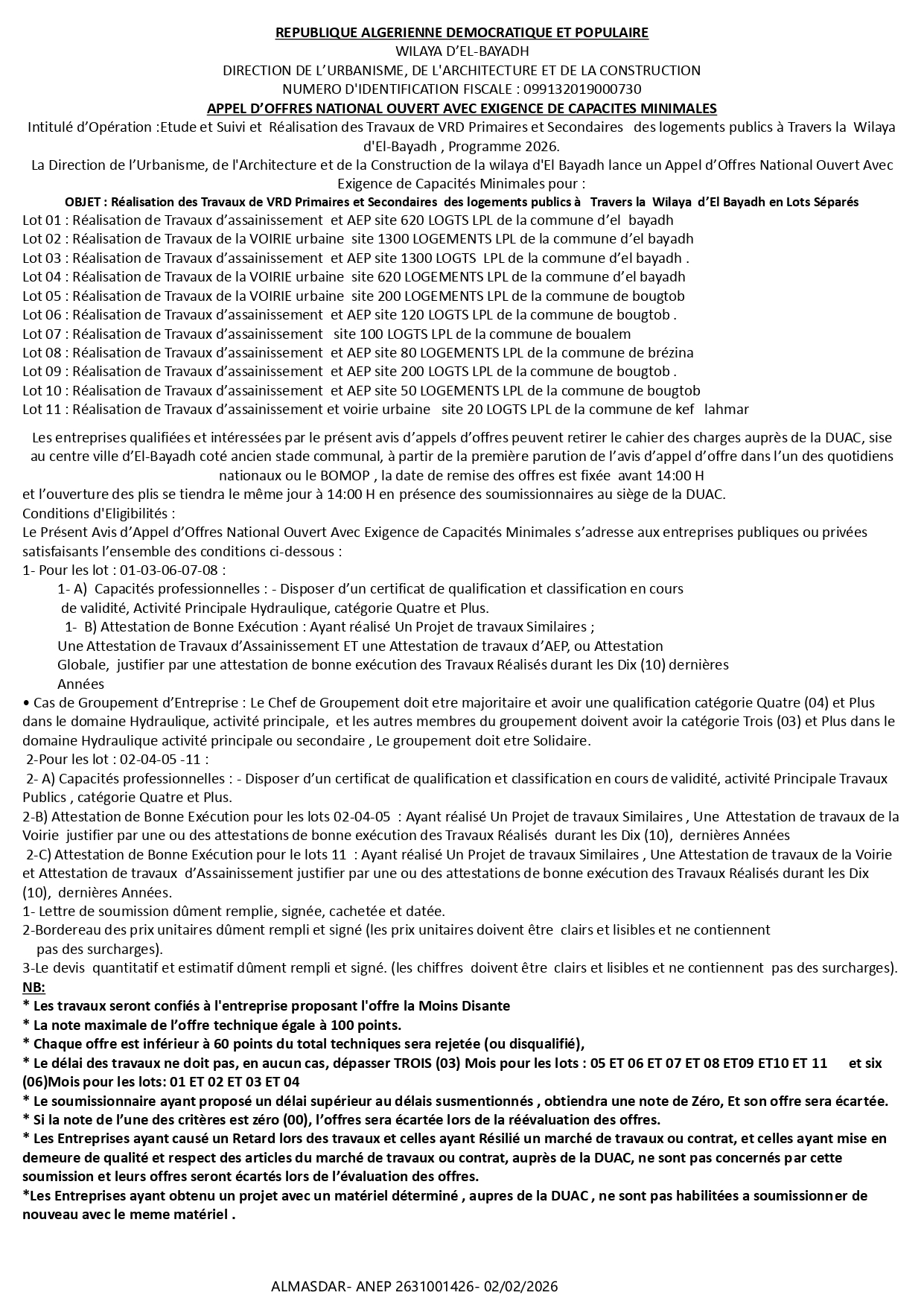 APPEL D’OFFRES NATIONAL OUVERT AVEC EXIGENCE DE CAPACITES MINIMALES/*/