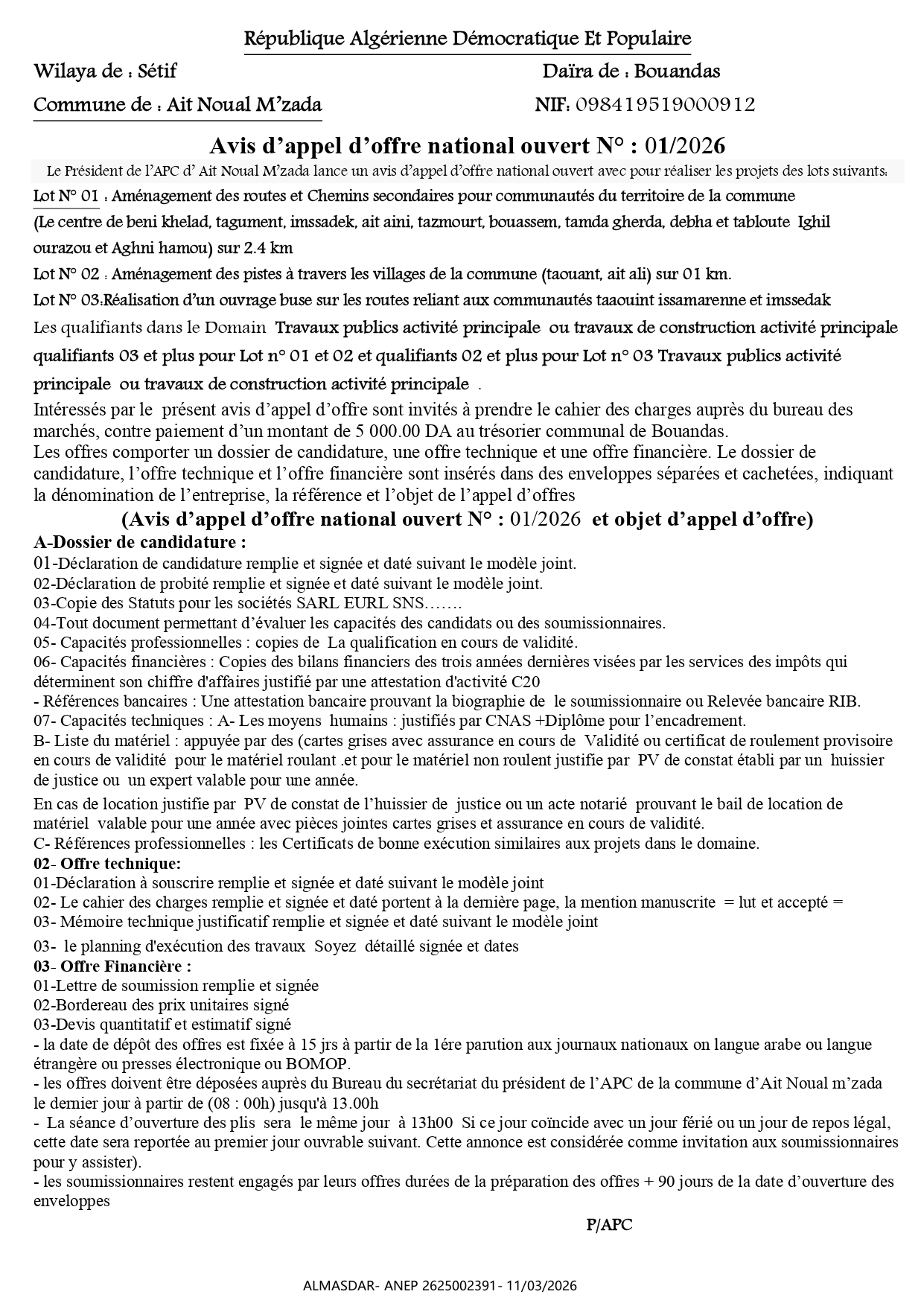 Avis d’appel d’offre national ouvert N° : 01/2026  