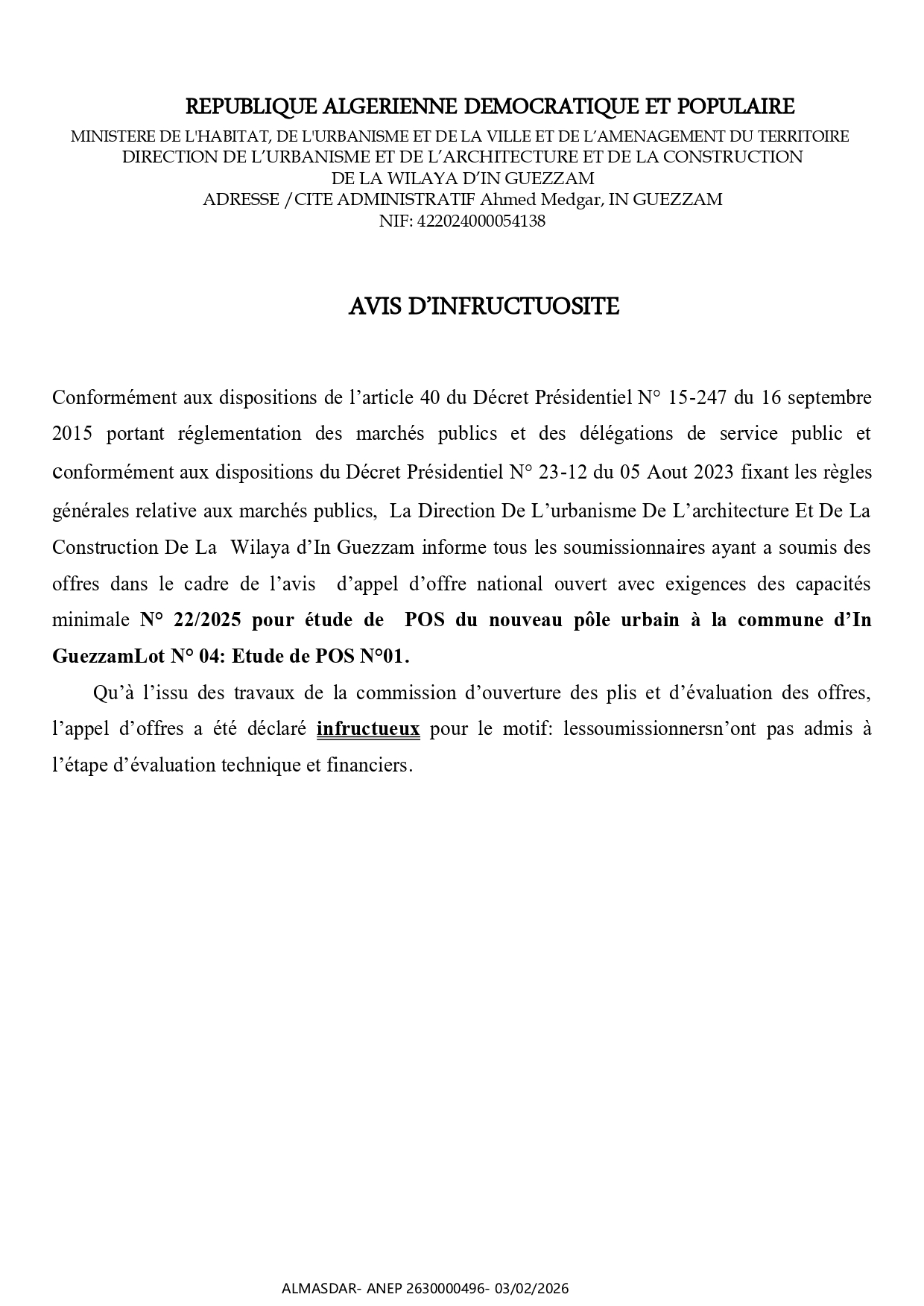 AVIS D’INFRUCTUOSITE/*