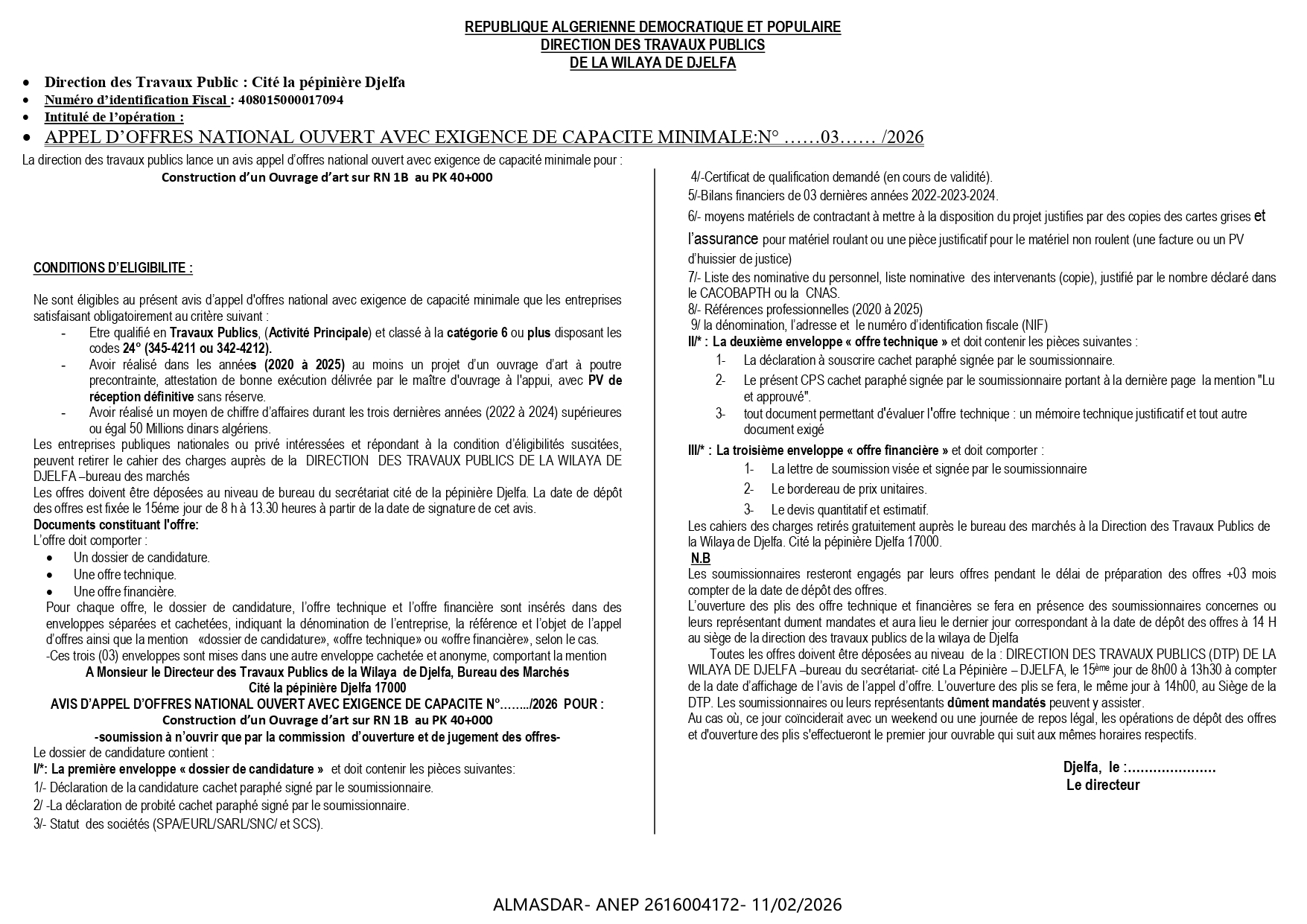 APPEL D’OFFRES NATIONAL OUVERT AVEC EXIGENCE DE CAPACITE MINIMALE:N° ……03…… /2026 