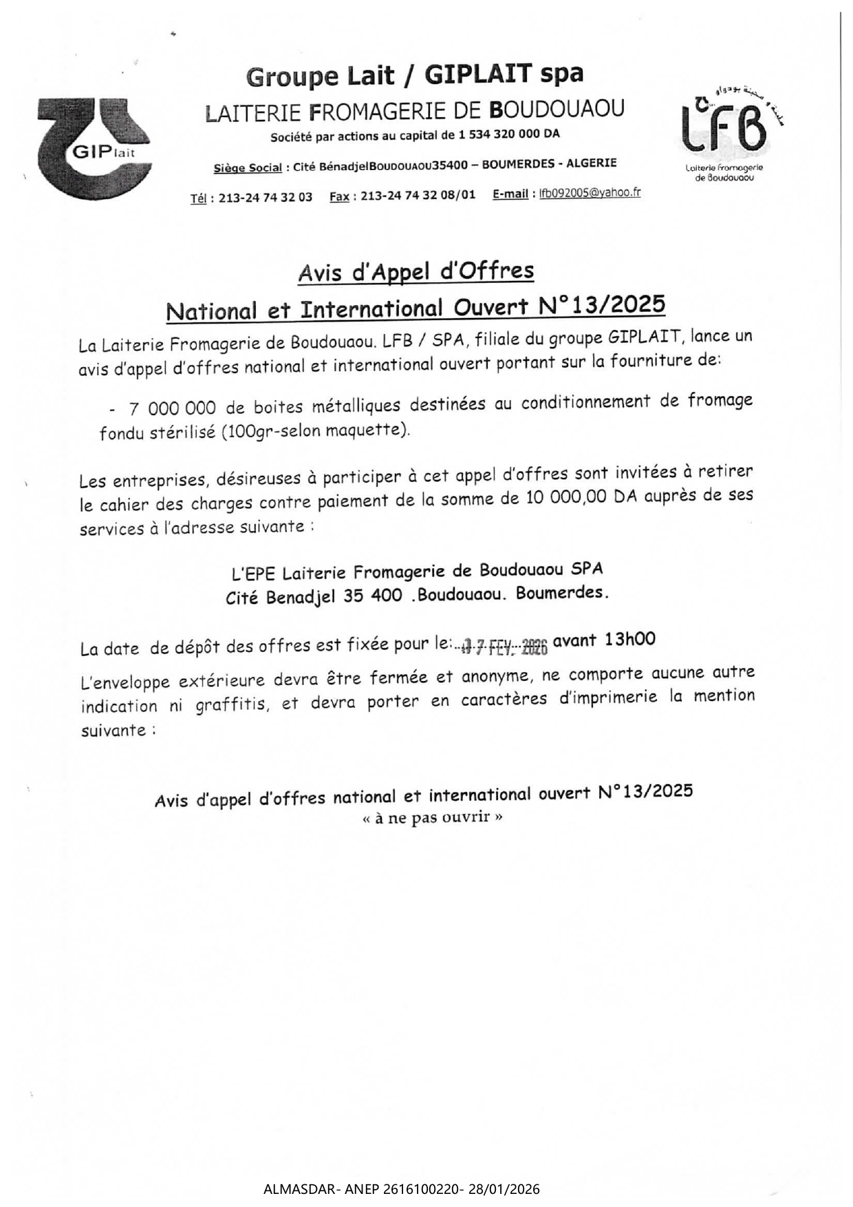 Avis  d'Appel d'offres National  et  International Ouvert N°13/2025