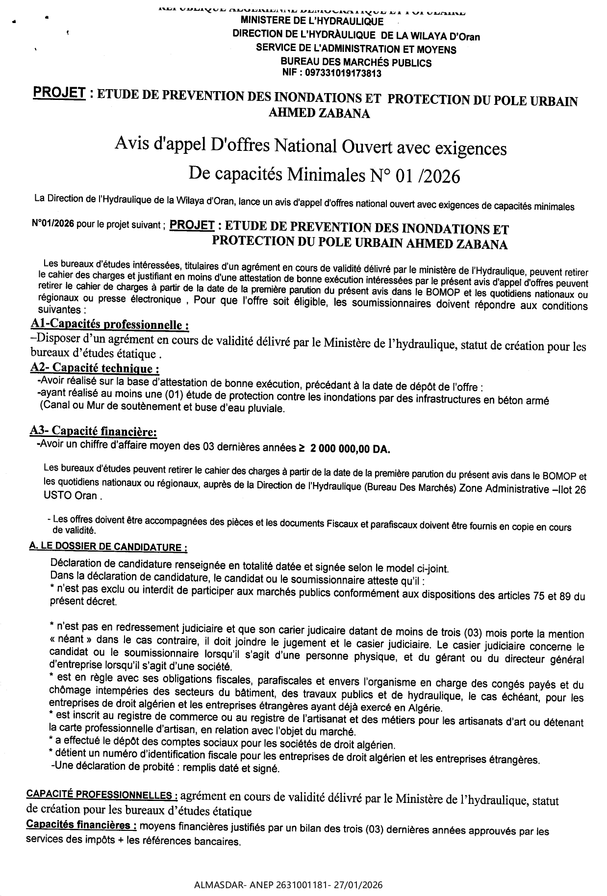 AVIS D'APPEL D'OFFRES NATIONAL OUVERT AVEC EXIGENCE DE CAPACITES MINIMALES N 01/2026