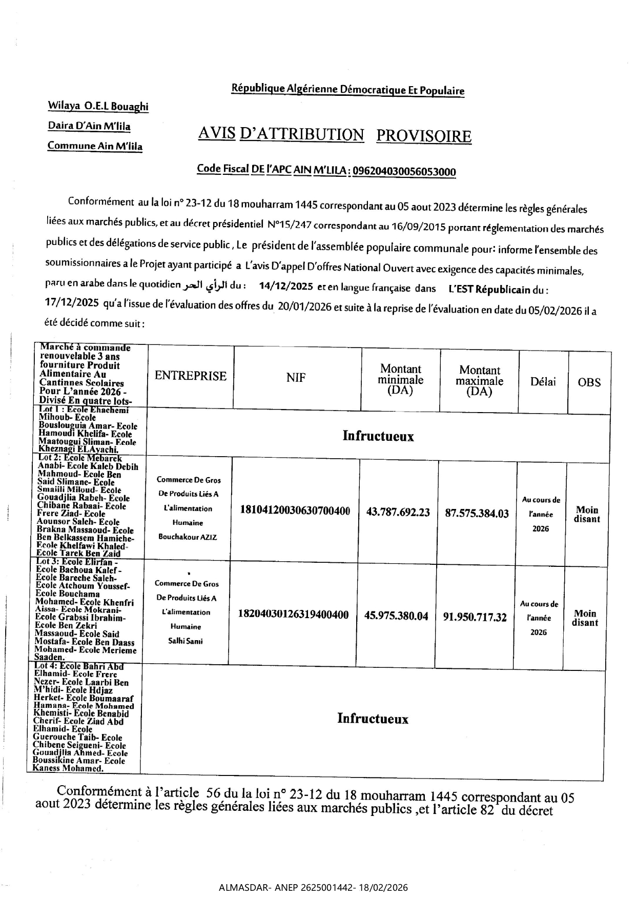 AVIS D4ATTRIBUTION PROVISOIRE */*/