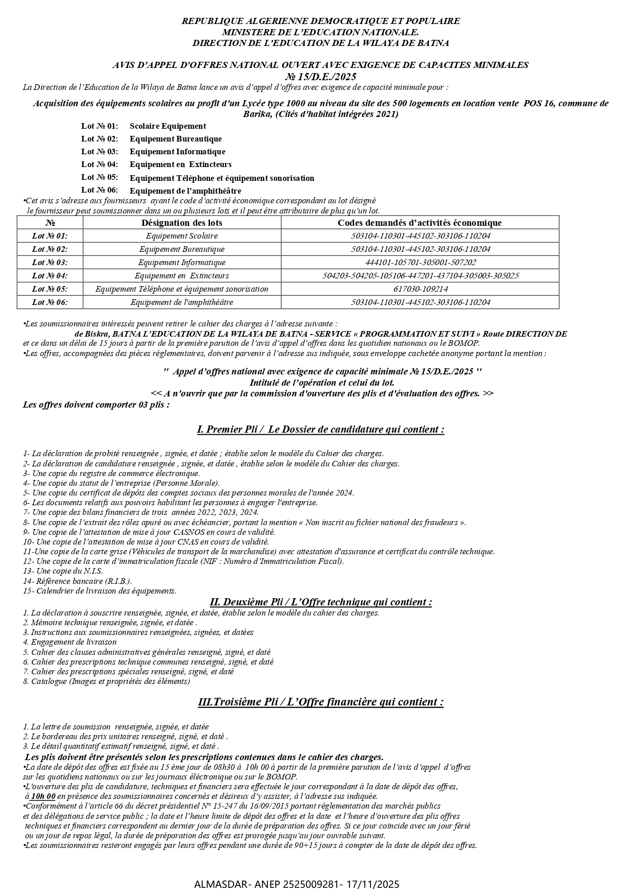 AVIS D’APPEL D'OFFRES NATIONAL OUVERT AVEC EXIGENCE DE CAPACITES MINIMALES  № 15/D.E./2025 