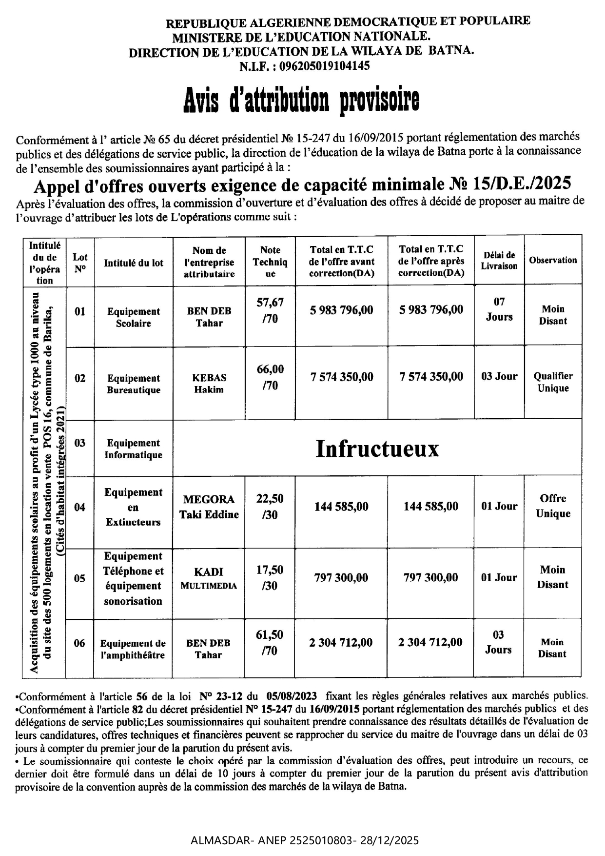 ***AVIS D'ATTRIBUTION PROVISOIRE***
