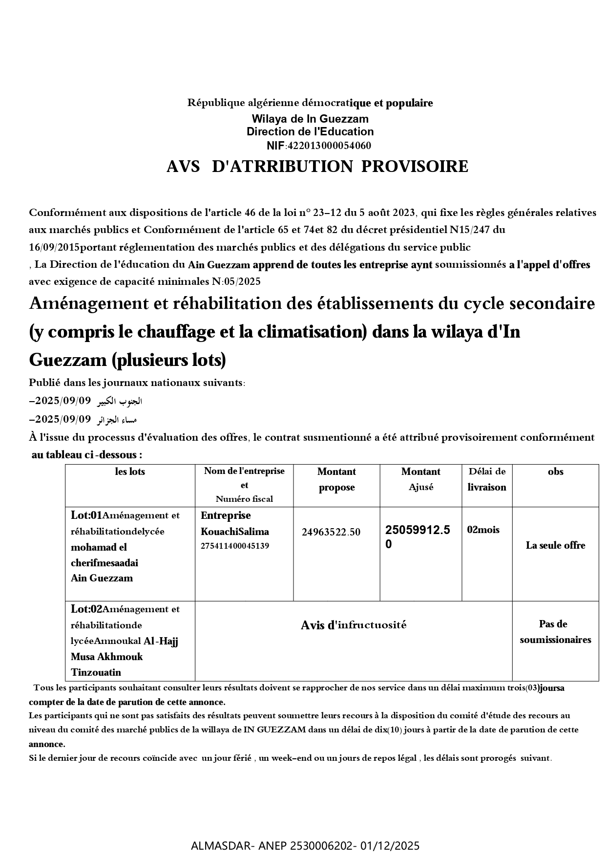  AVIS   D'ATRRIBUTION  PROVISOIRE**