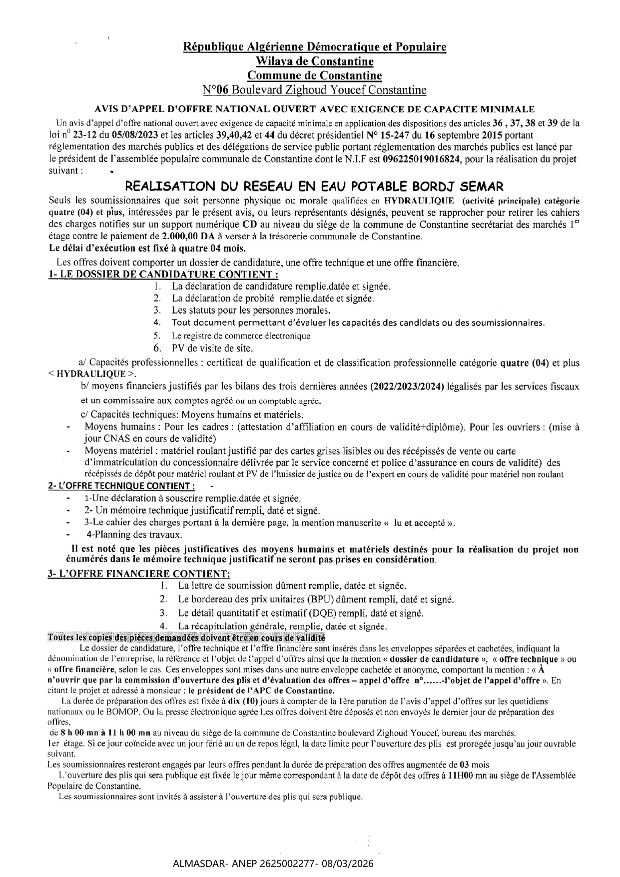 AVIS D'APPEL D'offre national ouvert avec exigence de capacite minimales 