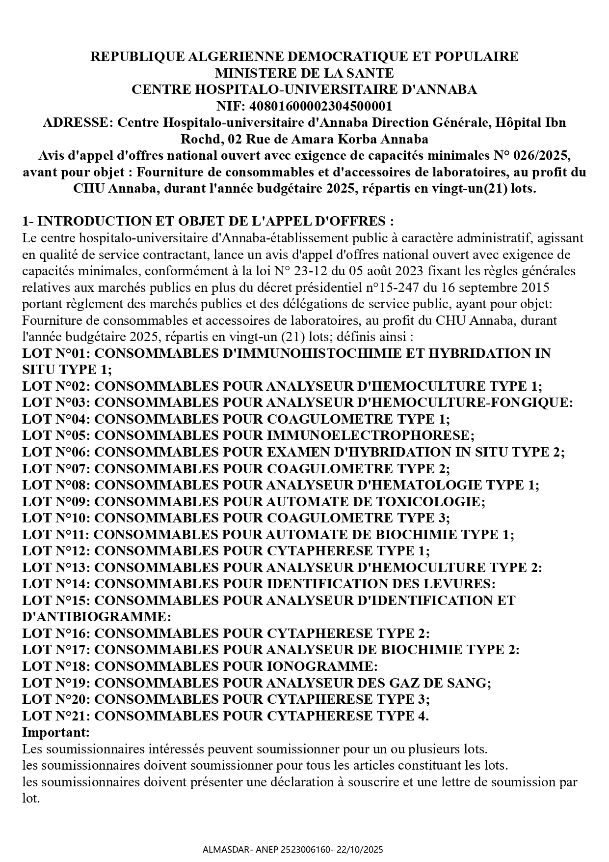 Avis d'appel d'offres national ouvert avec exigence de capacités minimales N° 026/2025
