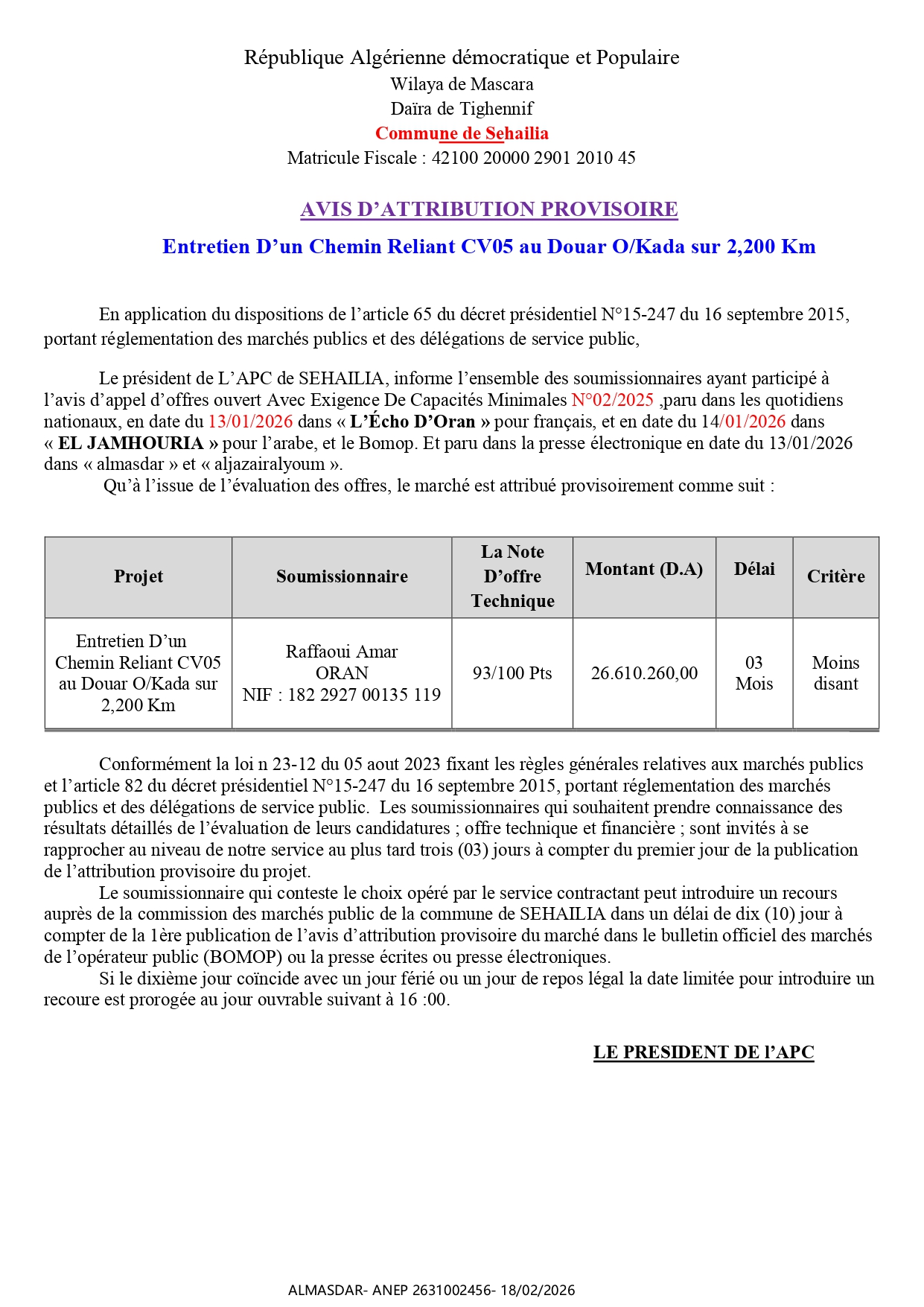 AVIS D’ATTRIBUTION PROVISOIRE */*/