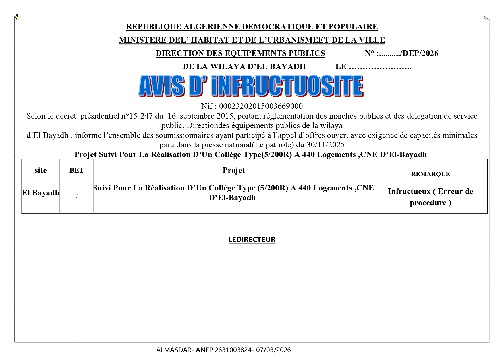 AVIS D'INFRUCTUOSITE-*