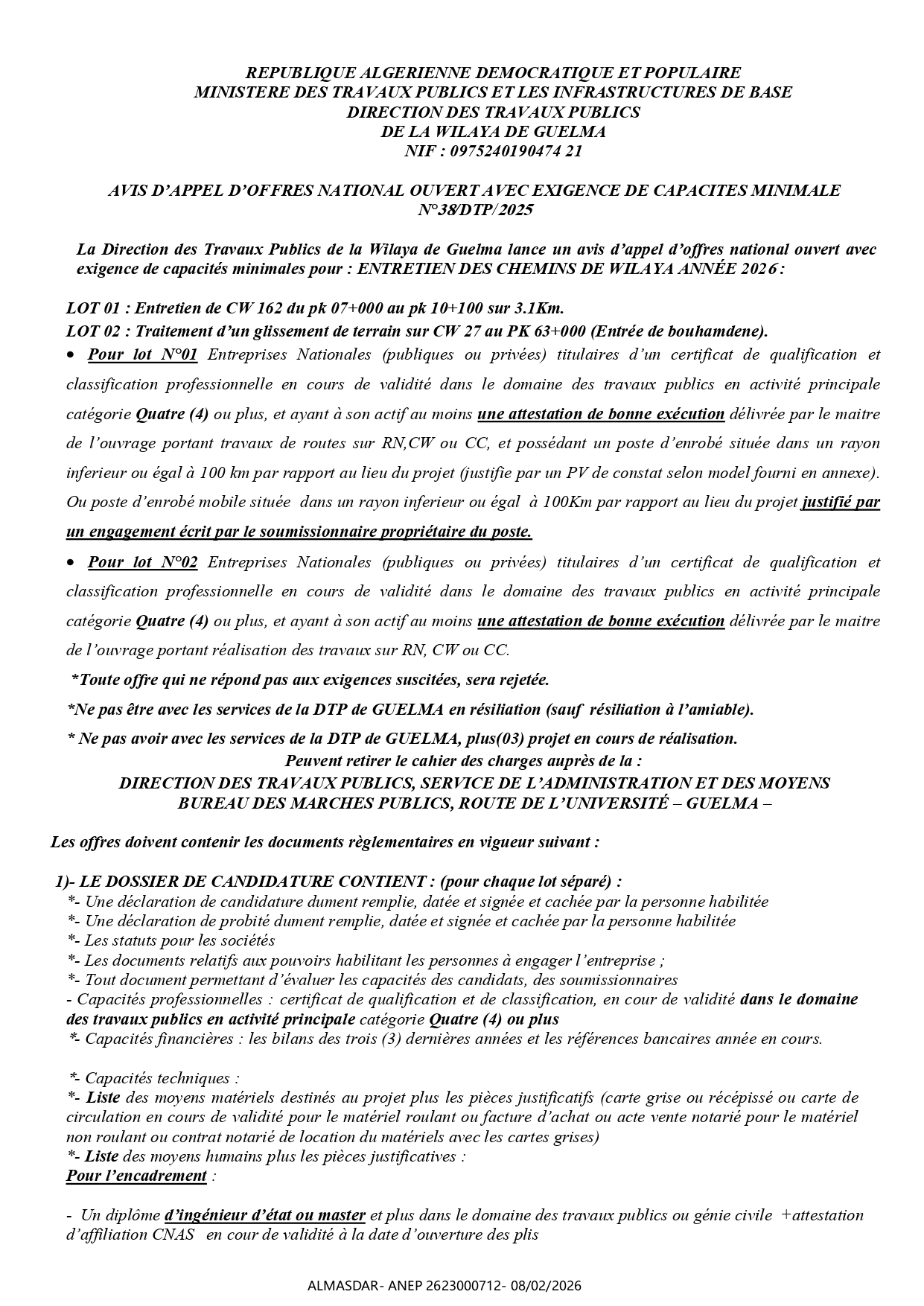 AVIS D’APPEL D’OFFRES NATIONAL OUVERT AVEC EXIGENCE DE CAPACITES MINIMALE   N°38/DTP/ 5
