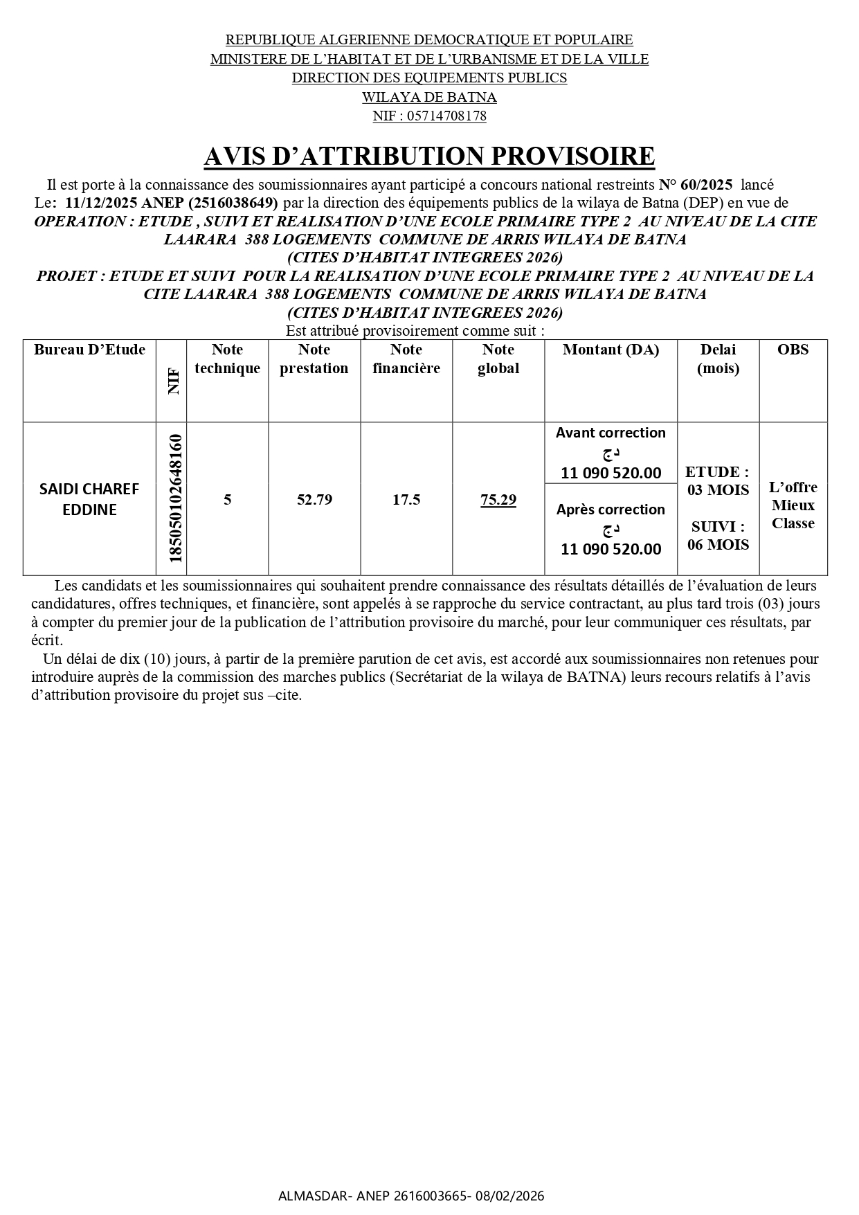 AVIS D’ATTRIBUTION PROVISOIRE  //