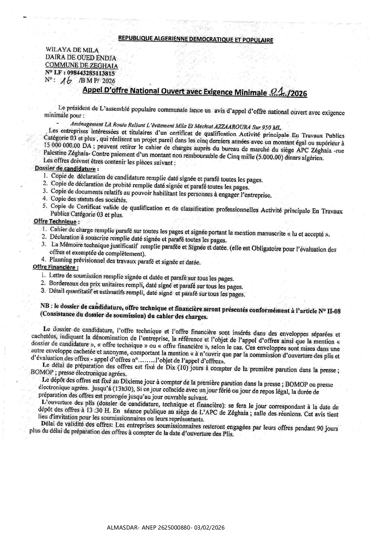 APPEL D'OFFRE NATIONAL OUVERT AVEC EXIGENCE MINIMALES 01/2026