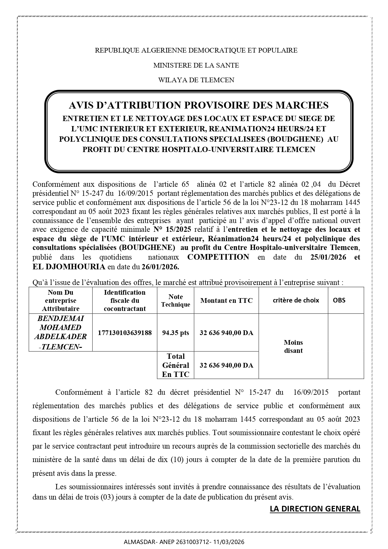 *AVIS D’ATTRIBUTION PROVISOIRE DES MARCHES