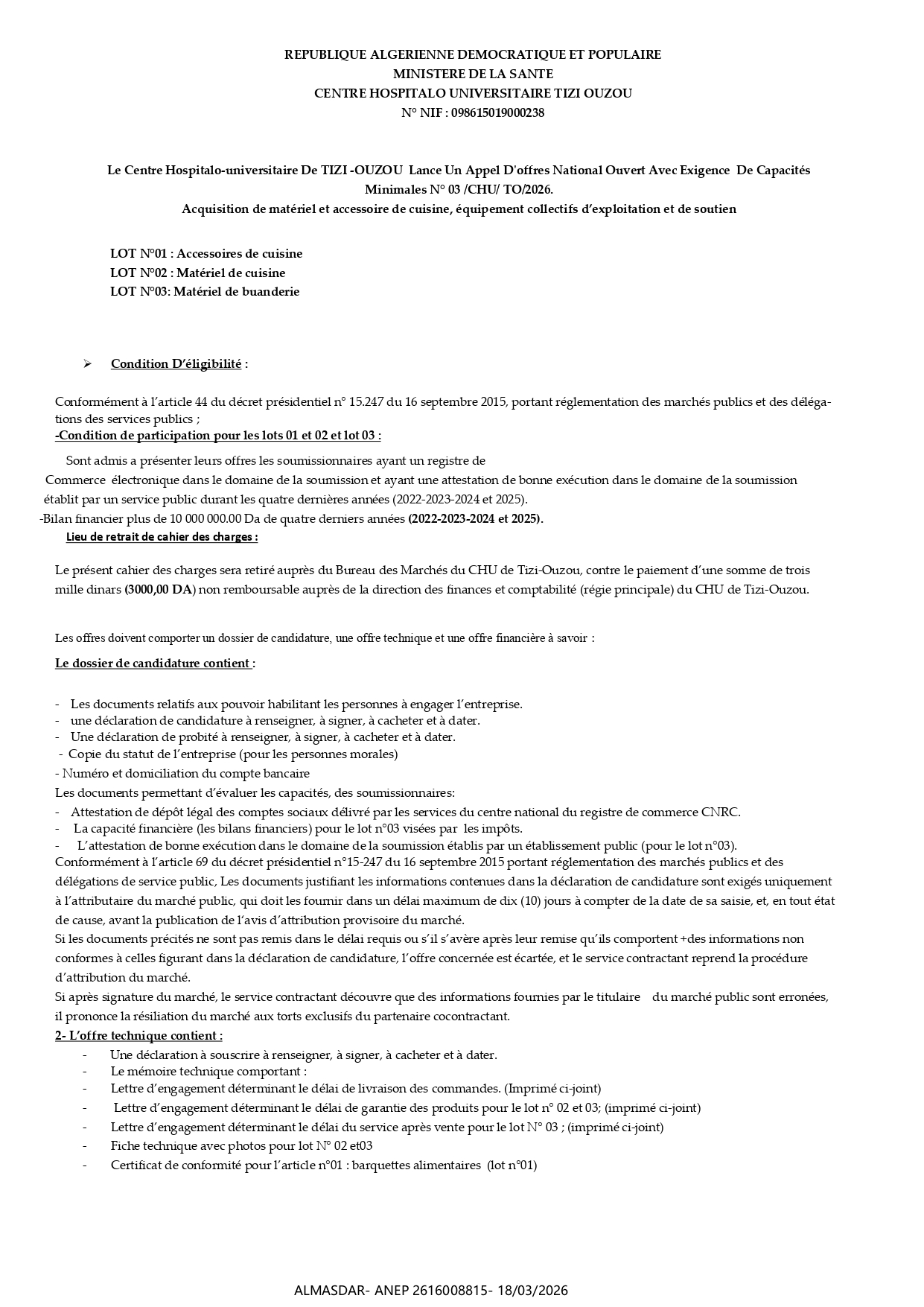 Un Appel D'offres National Ouvert Avec Exigence  De Capacités   Minimales N° 03 /CHU/ TO/2026. 