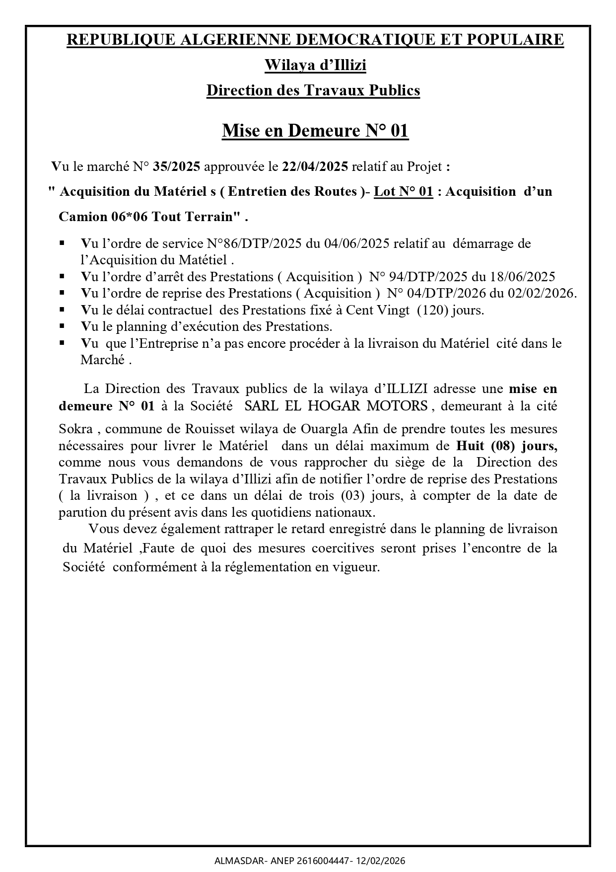 //////////Mise en Demeure N° 01