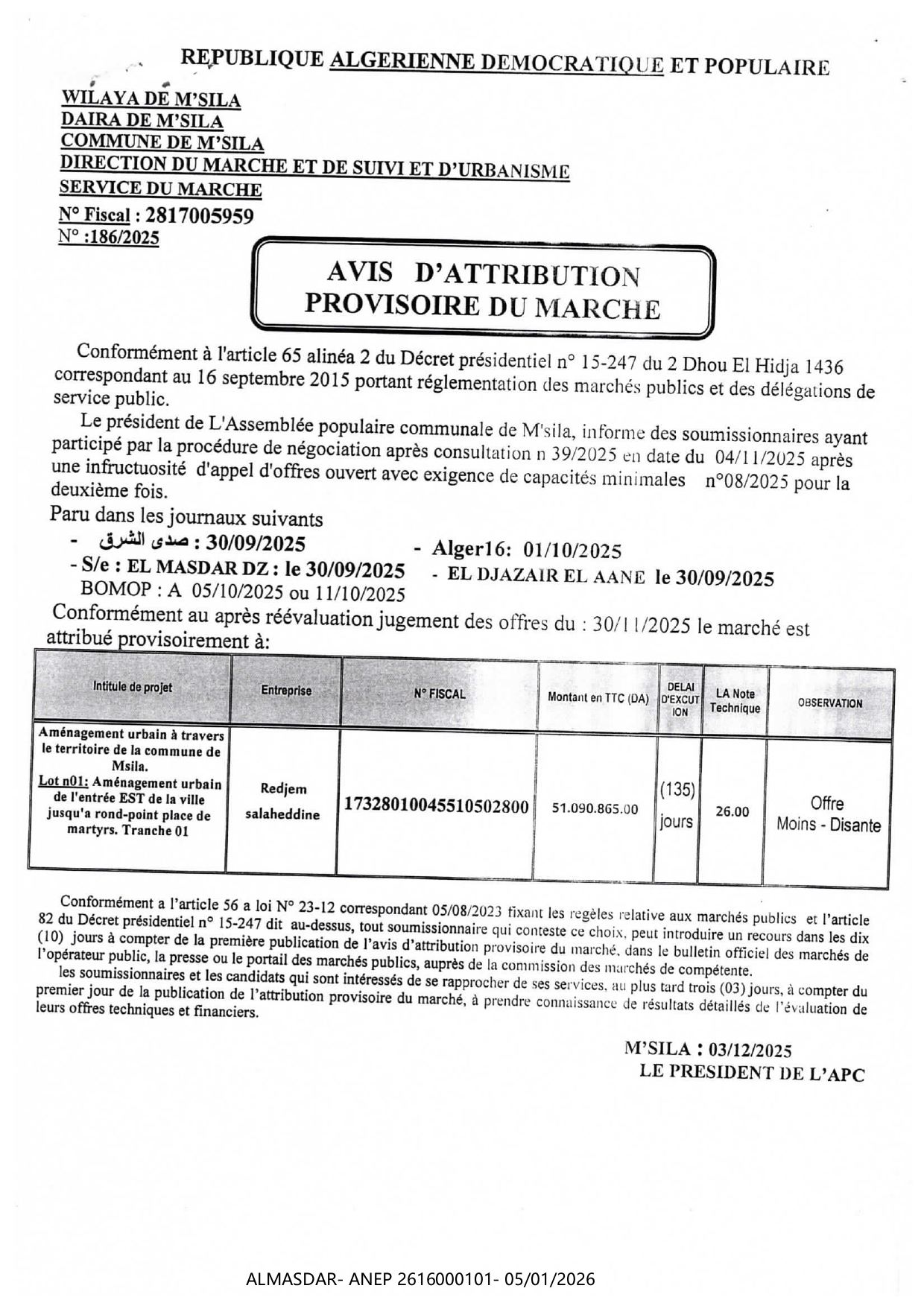 AVIS D'ATTRIBUTION PROVISOIRE DU MARCHE*/*