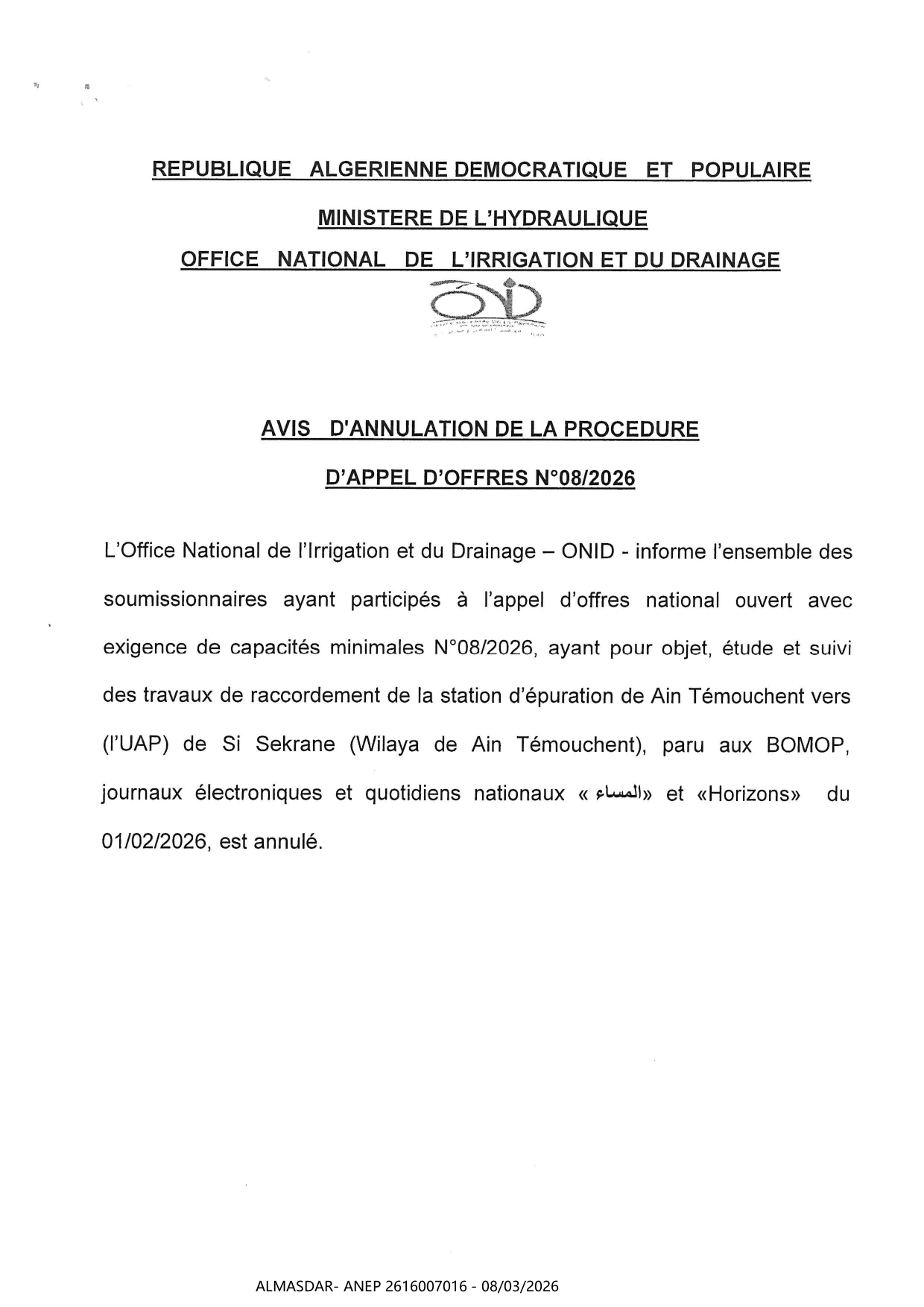 avis d'annulation de la procedure d'appel d'offres n 08/2026