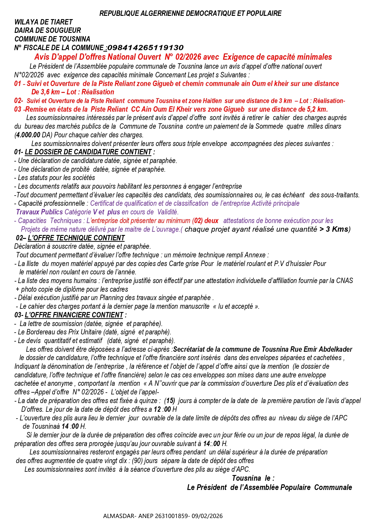 Avis D'appel D'offres National Ouvert  N° 02/2026 avec  Exigence de capacité minimales
