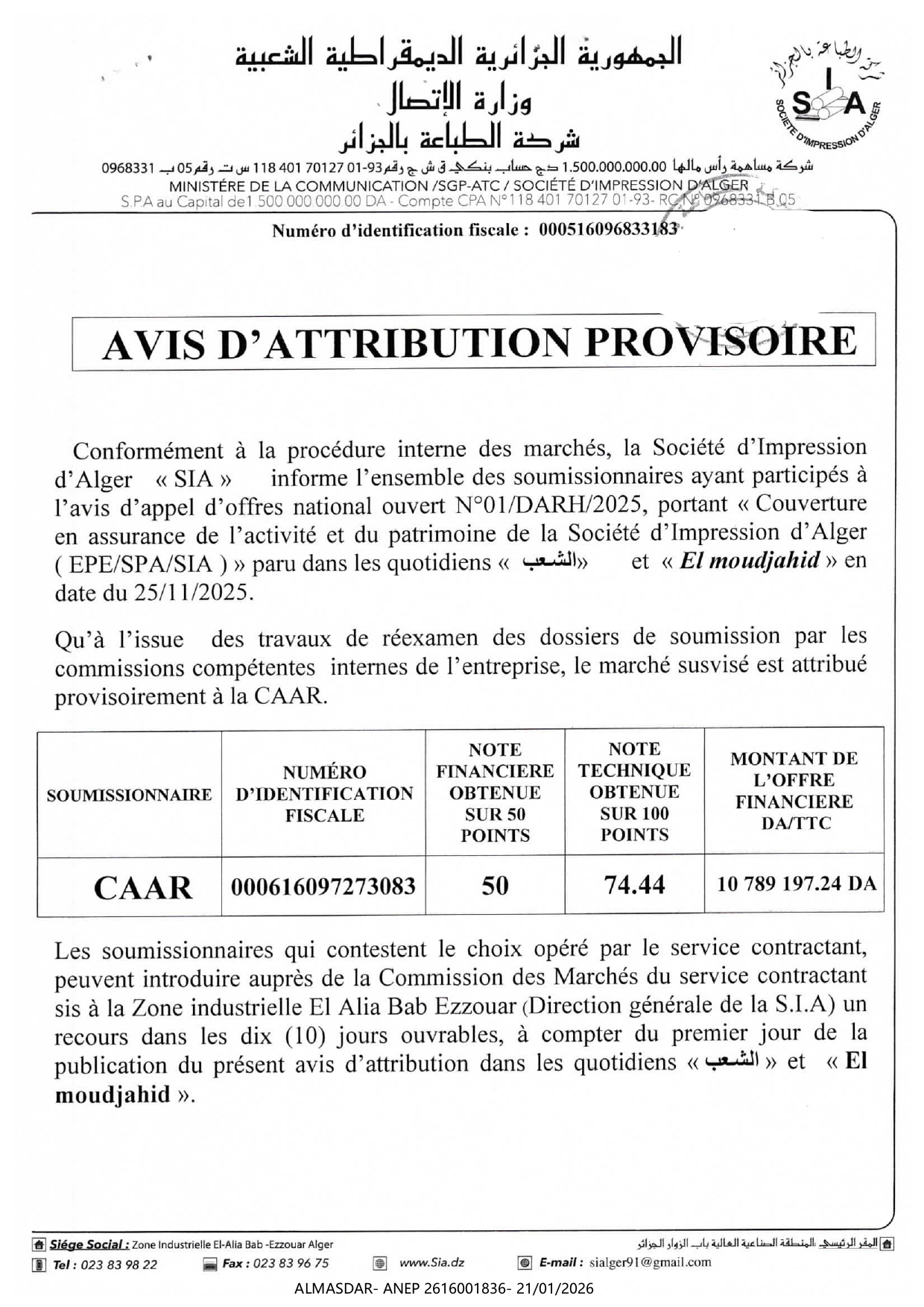 AVIS D'ATTRIBUTION PROVISOIRE*/